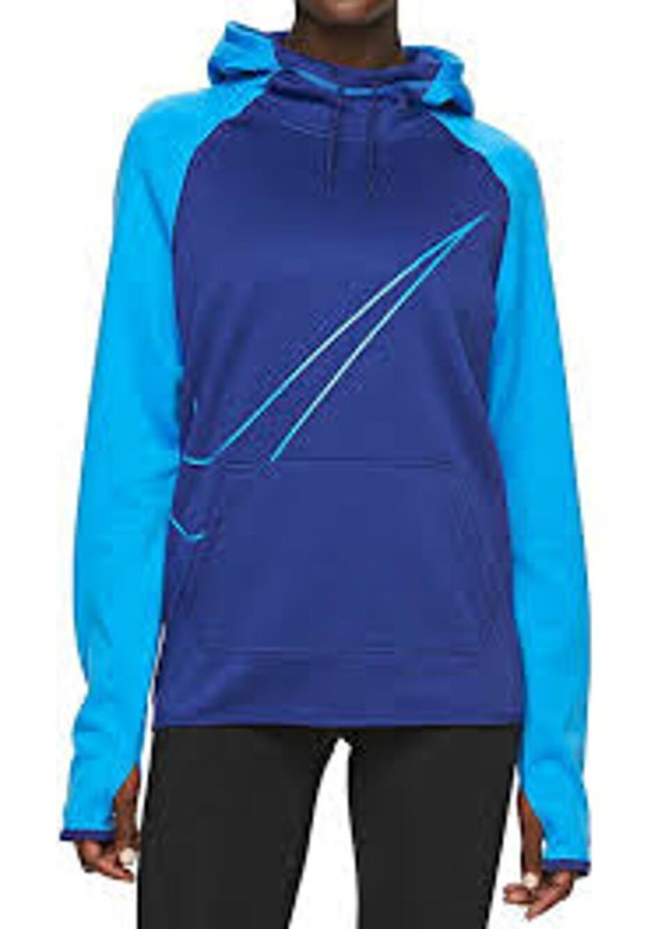 Nike Therma Swoosh Hoodie Pullover Colorblock Thumbhole Fleece Athletic Blue S